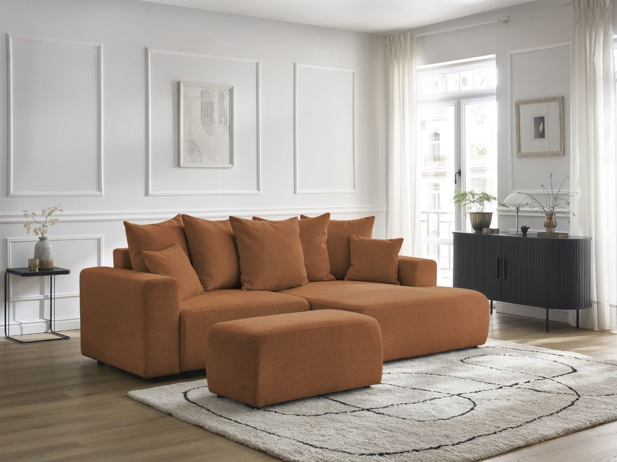 Canapé d'angle convertible coffre ATILLA chiné avec pouf orange — vue 5