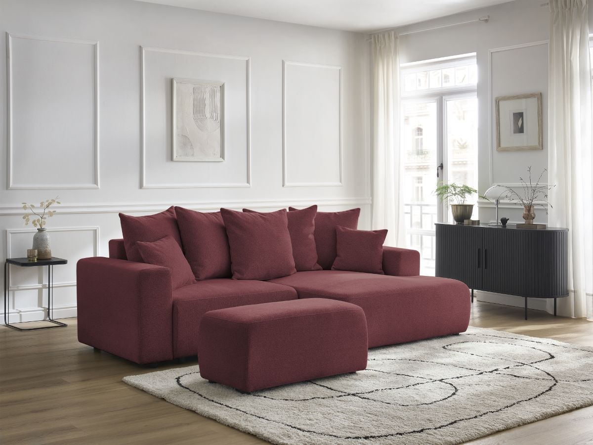Canapé d'angle convertible coffre ATILLA chiné avec pouf rouge — vue 5