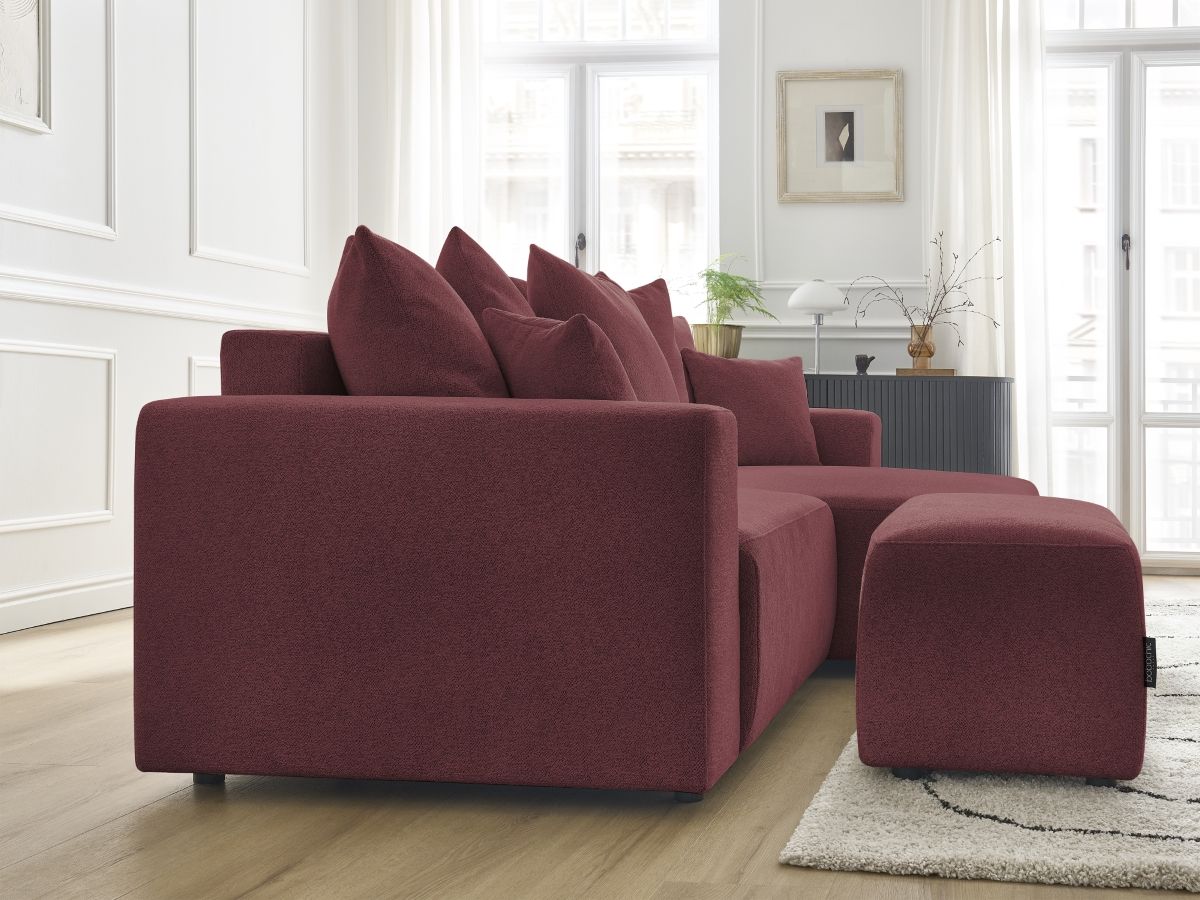 Canapé d'angle convertible coffre ATILLA tissu chiné avec pouf