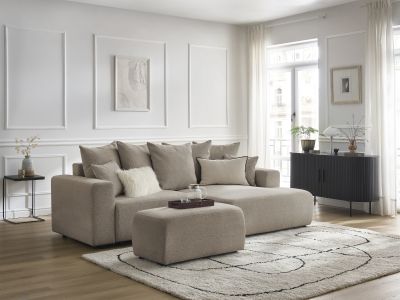 Canapé d'angle convertible coffre ATILLA tissu chiné avec pouf
