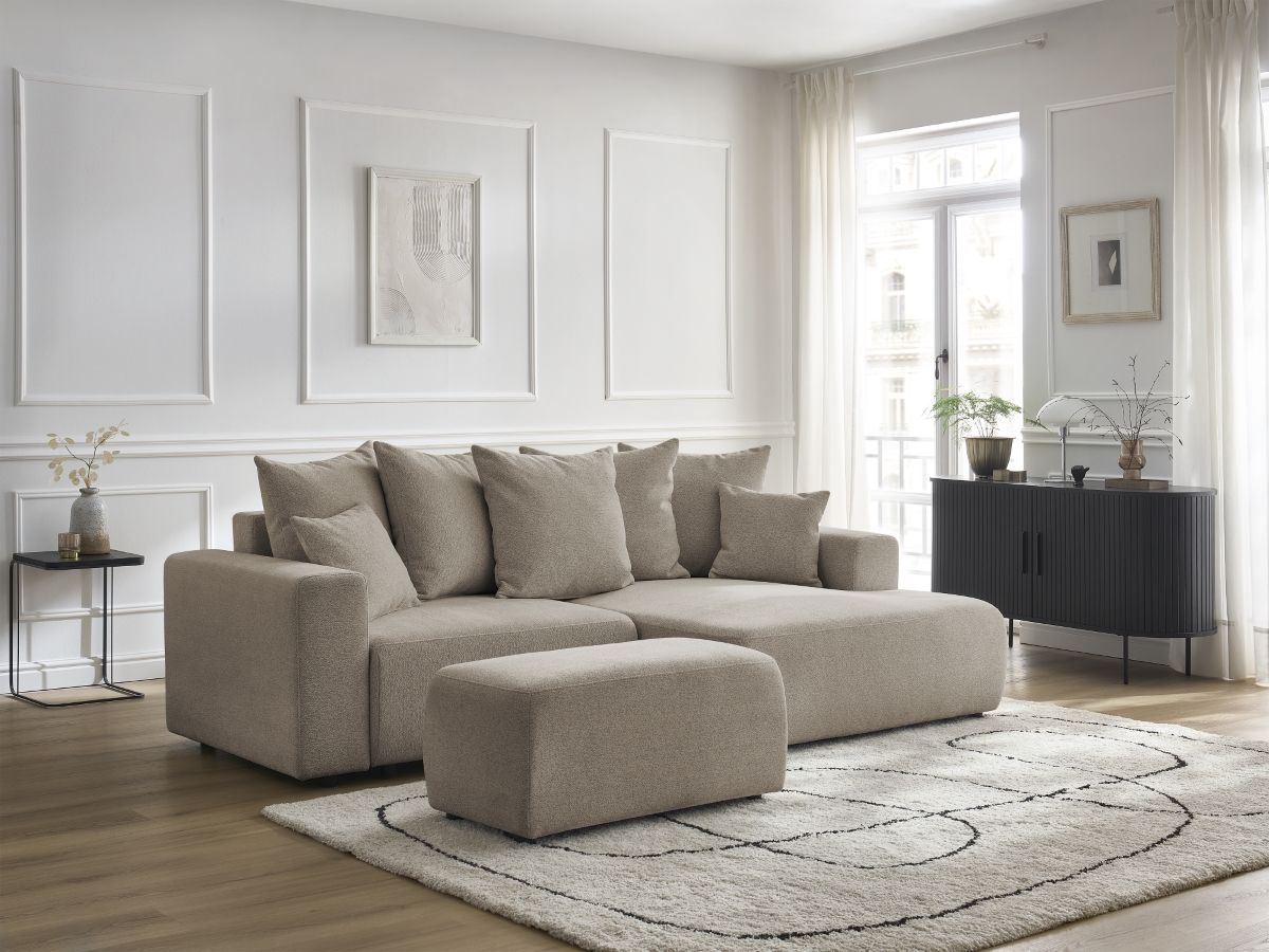 Canapé d'angle convertible coffre ATILLA chiné avec pouf taupe — vue 5