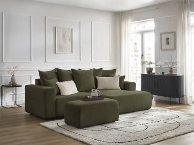 Canapé d'angle convertible coffre ATILLA tissu chiné avec pouf