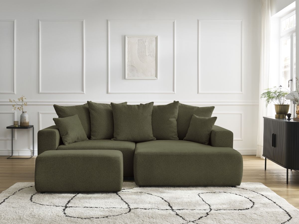 Canapé d'angle convertible coffre ATILLA tissu chiné avec pouf