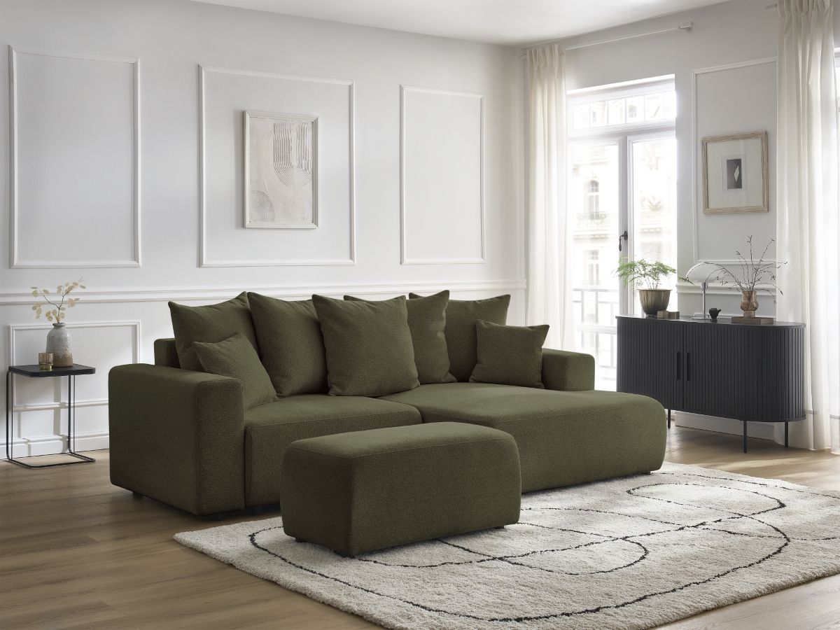Canapé d'angle convertible coffre ATILLA chiné avec pouf vert — vue 5