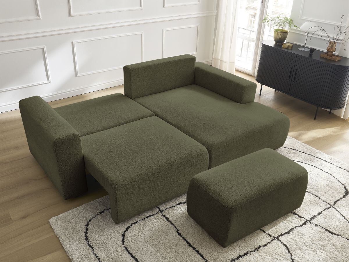 Canapé d'angle convertible coffre ATILLA tissu chiné avec pouf