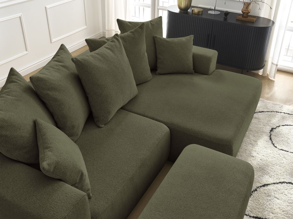 Canapé d'angle convertible coffre ATILLA tissu chiné avec pouf