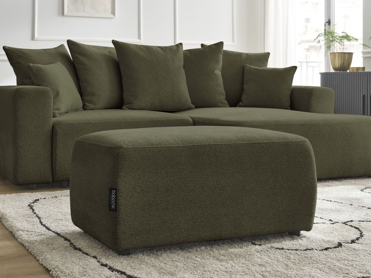 Canapé d'angle convertible coffre ATILLA tissu chiné avec pouf