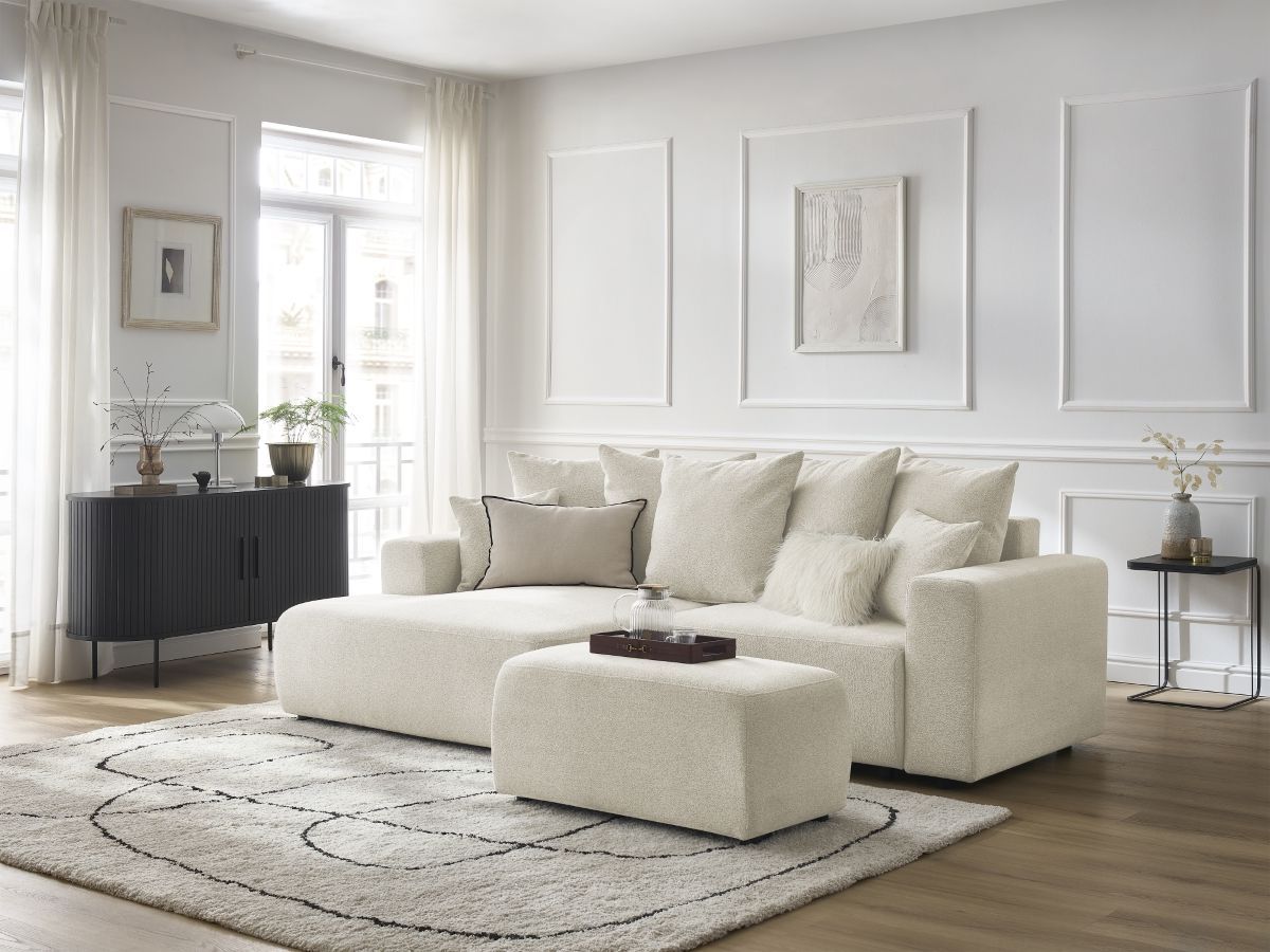 Canapé d'angle convertible coffre ATILLA tissu chiné avec pouf