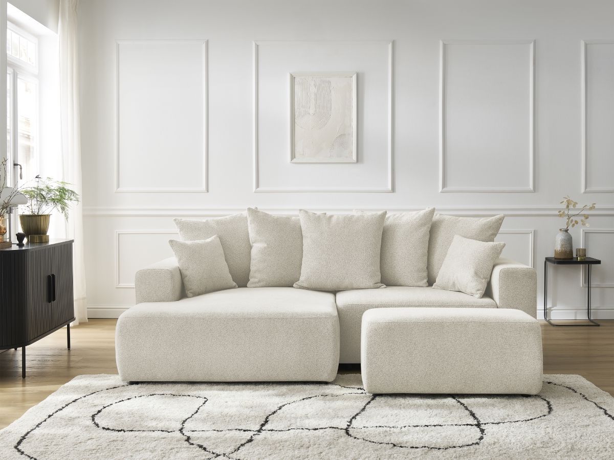 Canapé d'angle convertible coffre ATILLA tissu chiné avec pouf