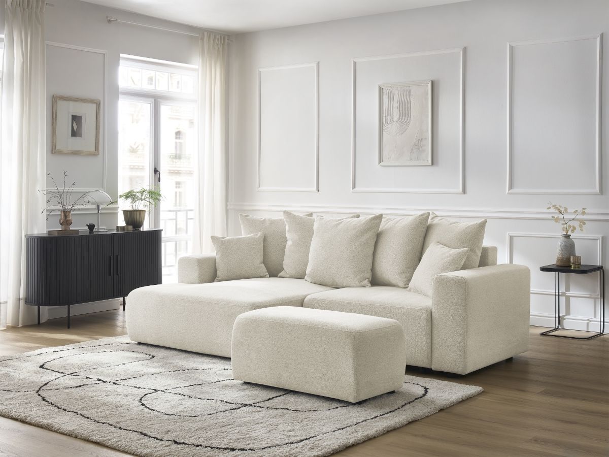 Canapé d'angle convertible coffre ATILLA tissu chiné avec pouf blanc angle gauche BOBOCHIC 5 places - Vue supplémentaire 3