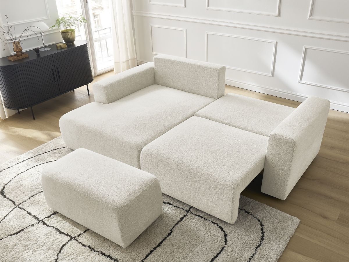 Canapé d'angle convertible coffre ATILLA tissu chiné avec pouf