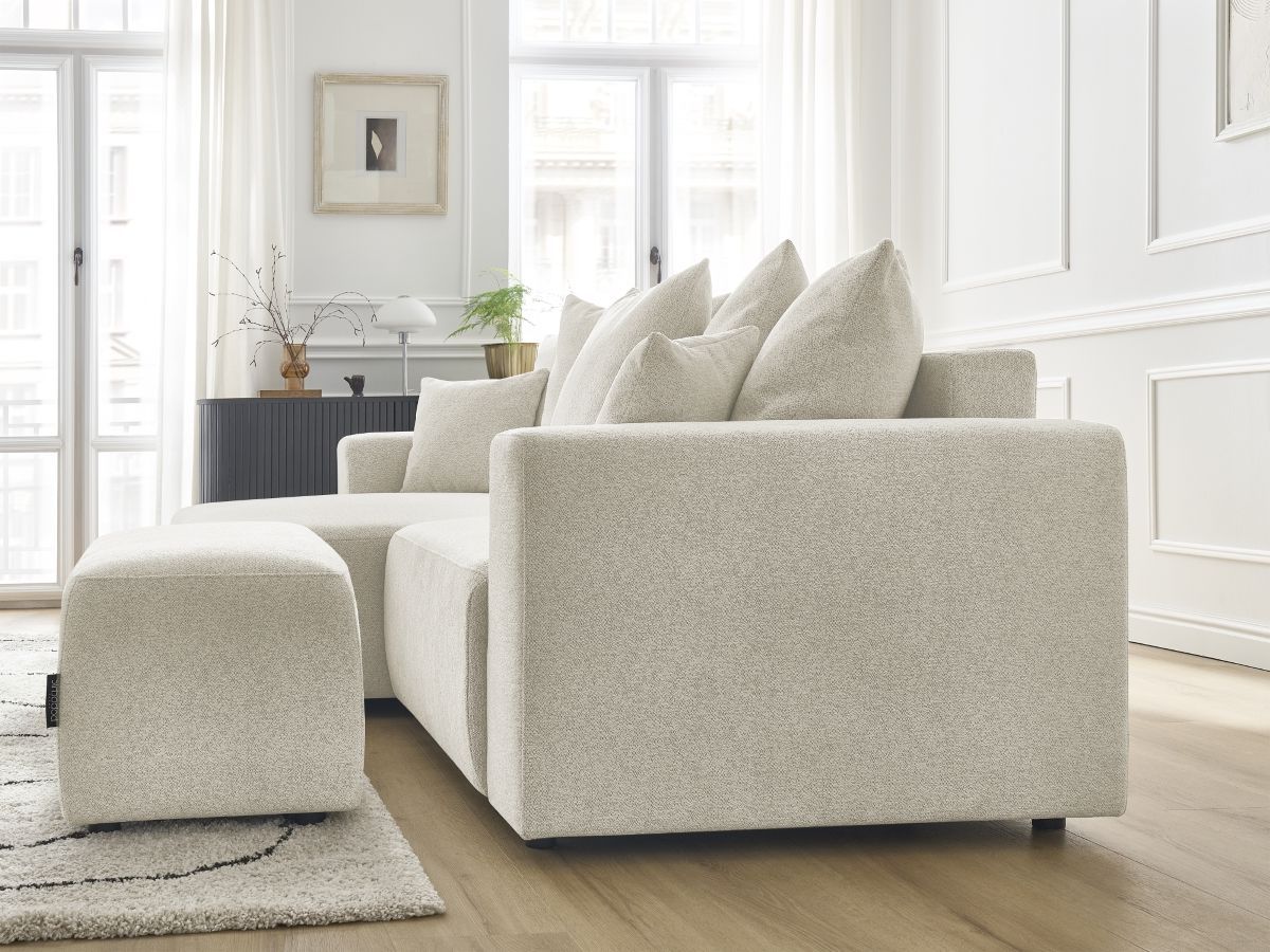 Canapé d'angle convertible coffre ATILLA tissu chiné avec pouf