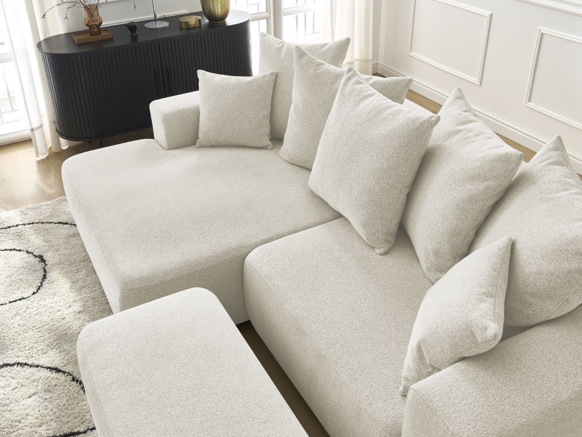 Canapé d'angle convertible coffre ATILLA tissu chiné avec pouf
