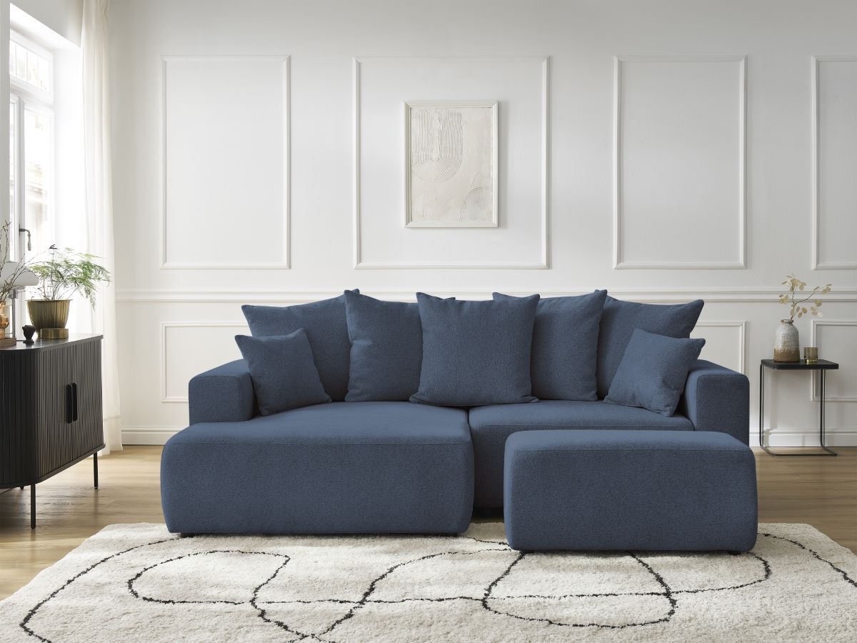 Canapé d'angle convertible coffre ATILLA tissu chiné avec pouf