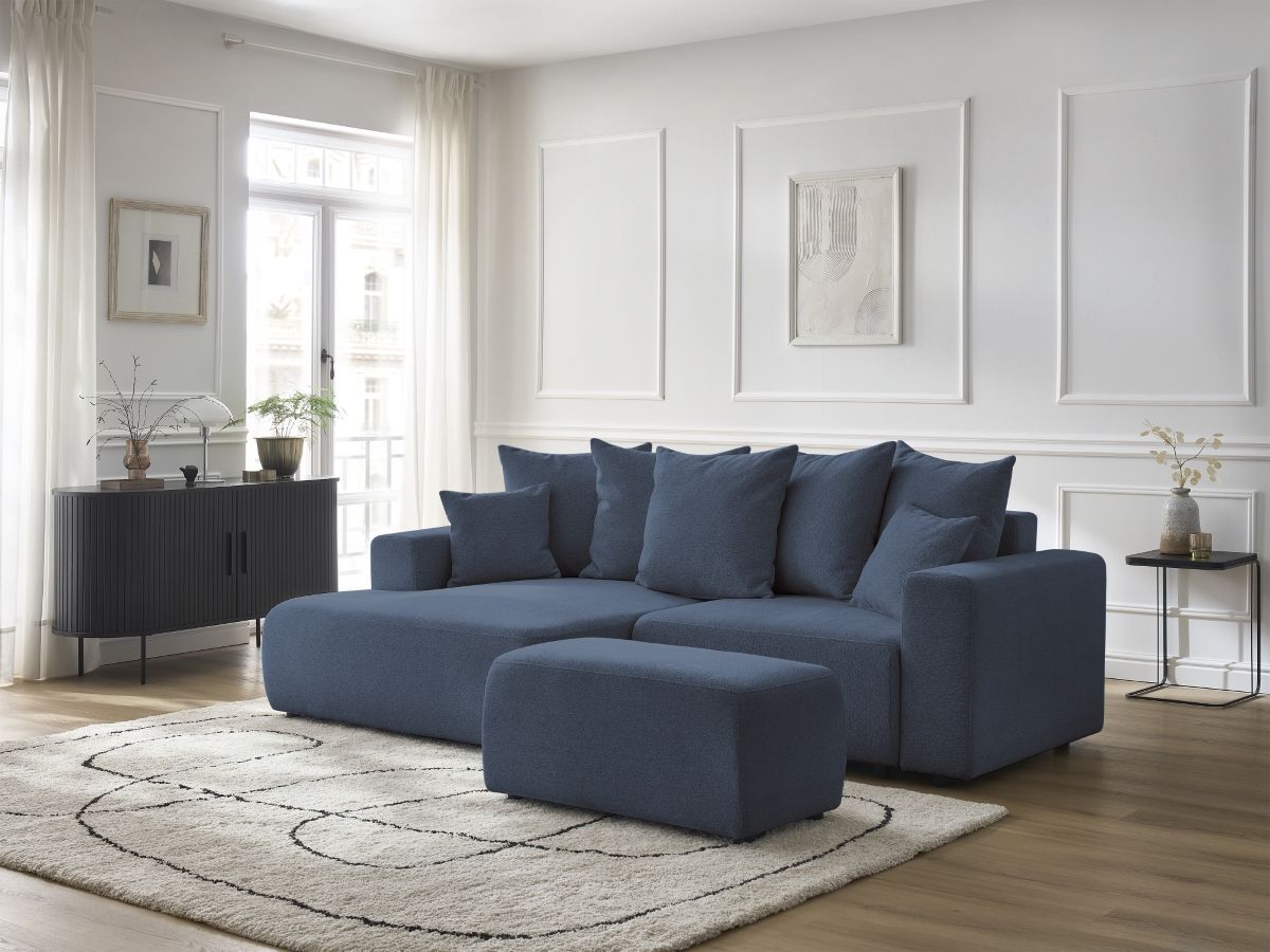 Canapé d'angle convertible coffre ATILLA tissu chiné avec pouf bleu angle gauche BOBOCHIC 5 places - Vue supplémentaire 3