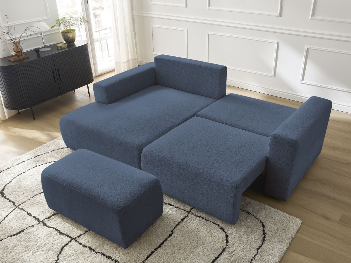 Canapé d'angle convertible coffre ATILLA tissu chiné avec pouf