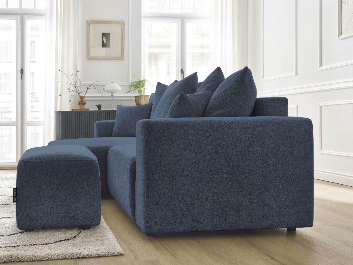 Canapé d'angle convertible coffre ATILLA tissu chiné avec pouf