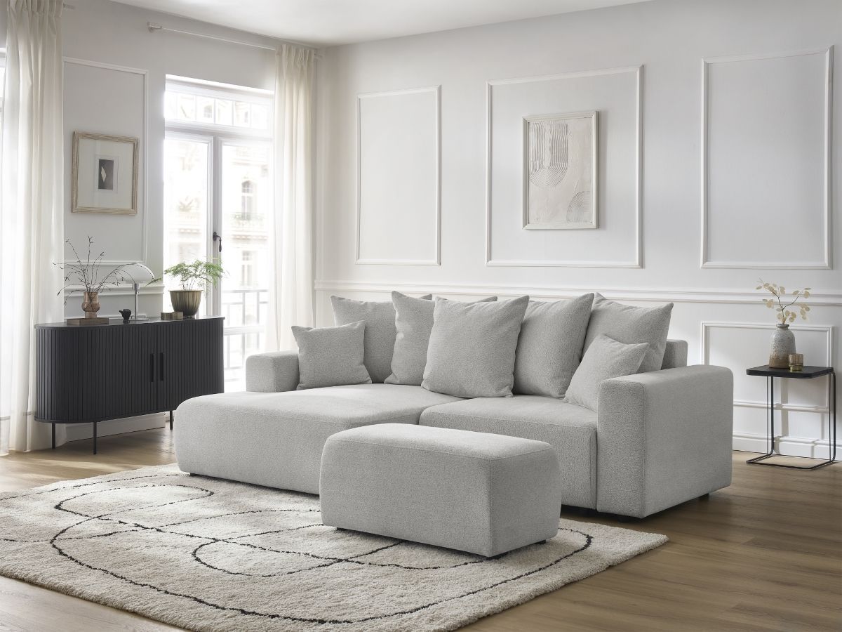 Canapé d'angle convertible coffre ATILLA tissu chiné avec pouf gris clair angle gauche BOBOCHIC 5 places - Vue supplémentaire 3