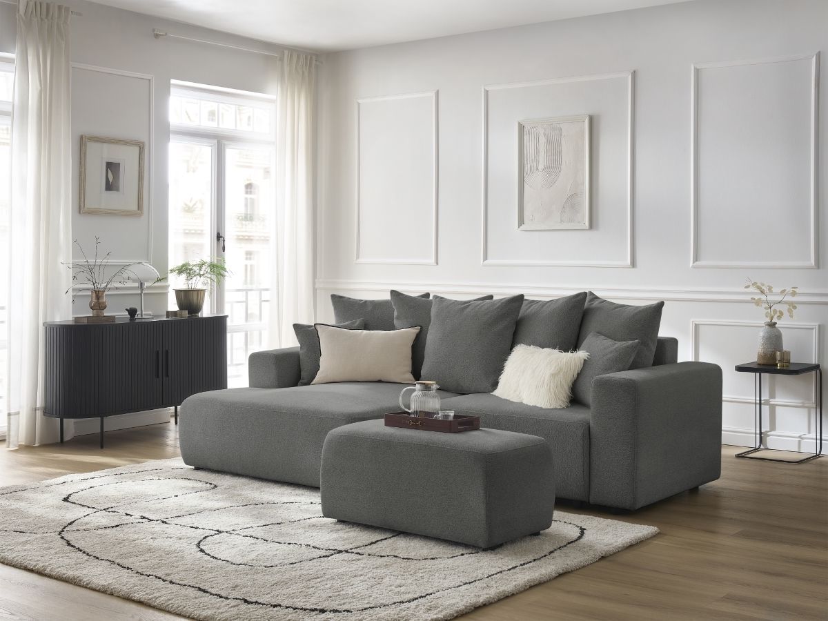 Canapé d'angle convertible coffre ATILLA tissu chiné avec pouf