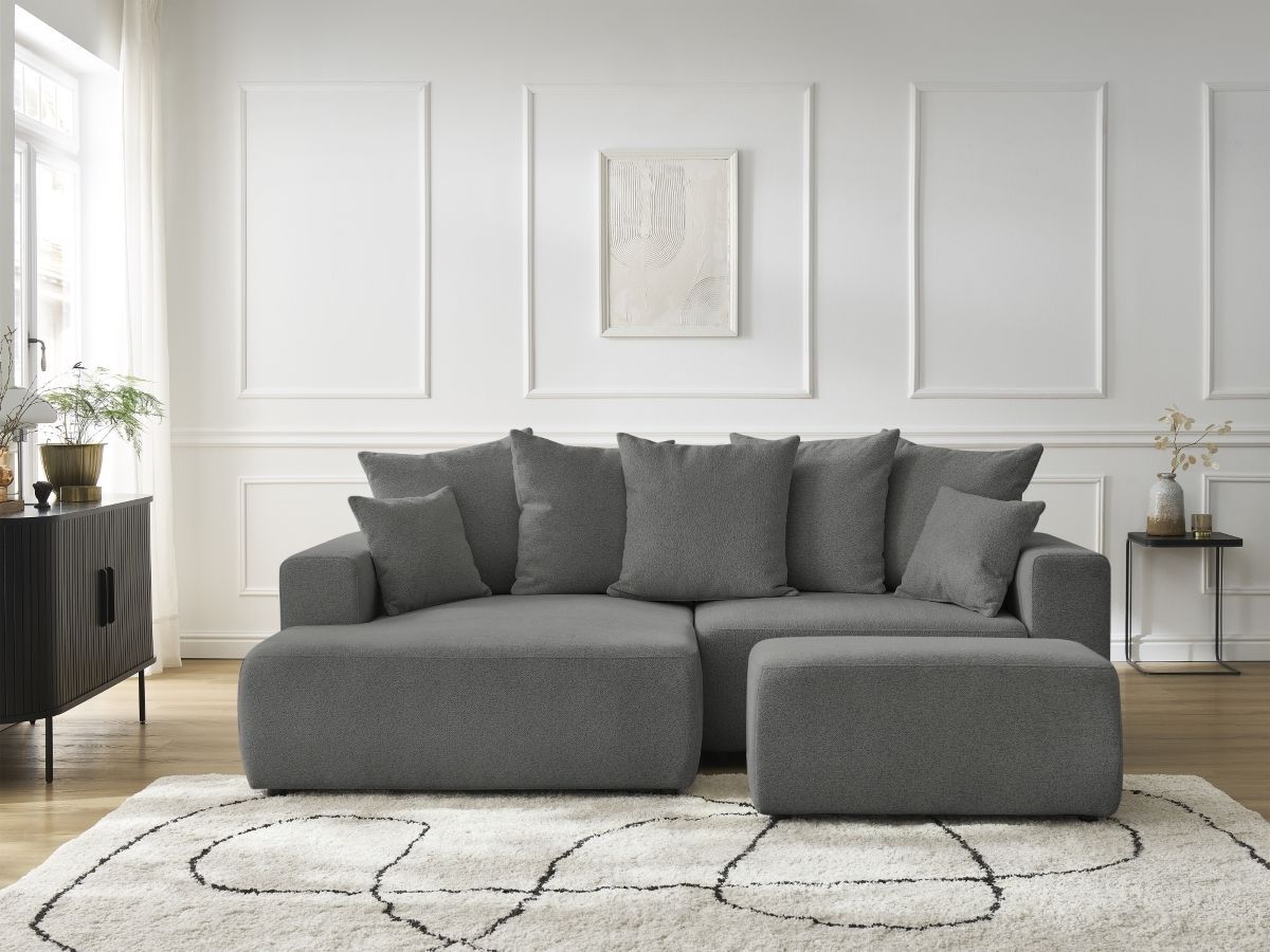 Canapé d'angle convertible coffre ATILLA tissu chiné avec pouf