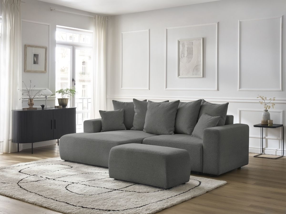 Canapé d'angle convertible coffre ATILLA tissu chiné avec pouf gris foncé angle gauche BOBOCHIC 5 places - Vue supplémentaire 3