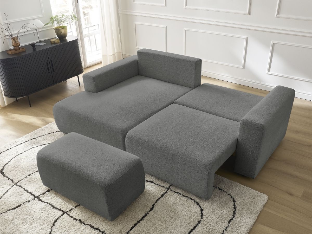 Canapé d'angle convertible coffre ATILLA tissu chiné avec pouf