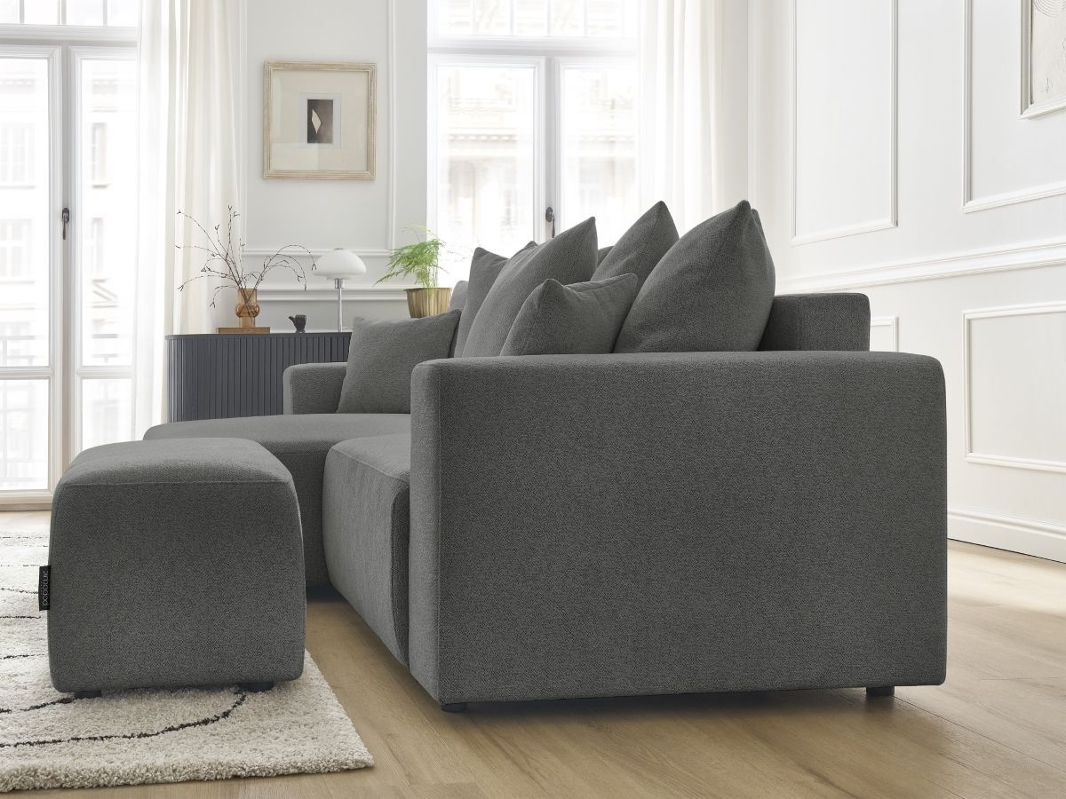 Canapé d'angle convertible coffre ATILLA tissu chiné avec pouf