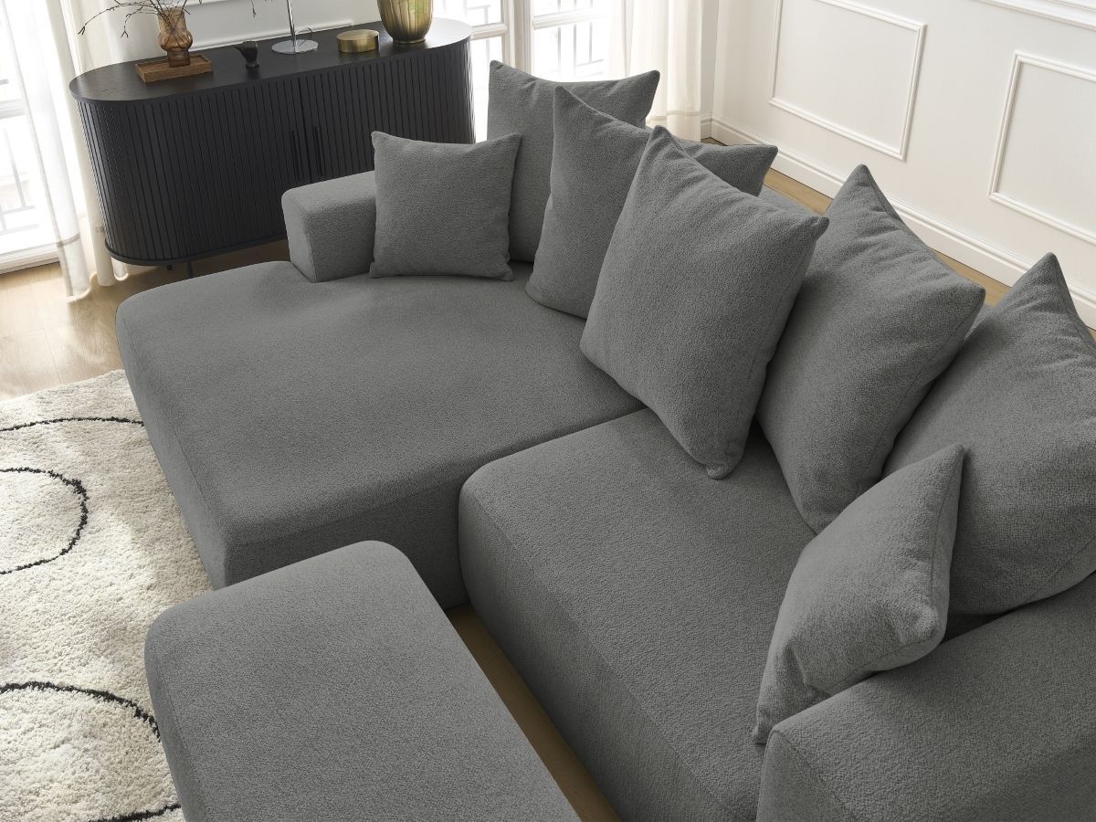 Canapé d'angle convertible coffre ATILLA tissu chiné avec pouf