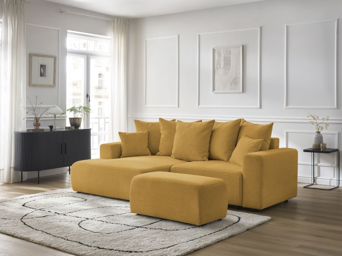 Canapé d'angle convertible coffre ATILLA tissu chiné avec pouf jaune angle gauche BOBOCHIC 5 places - Vue supplémentaire 3