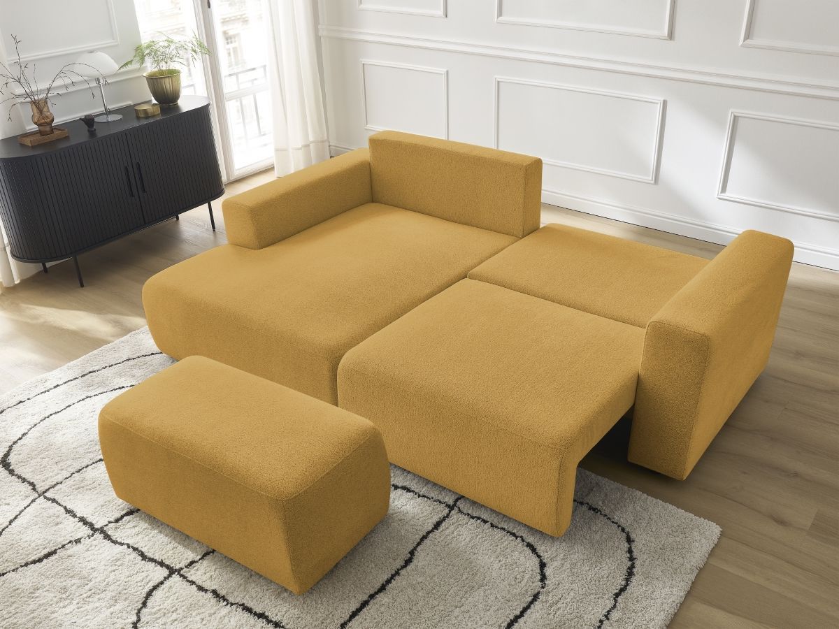 Canapé d'angle convertible coffre ATILLA tissu chiné avec pouf
