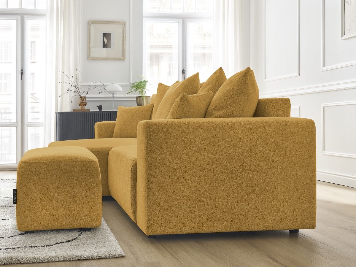 Canapé d'angle convertible coffre ATILLA tissu chiné avec pouf