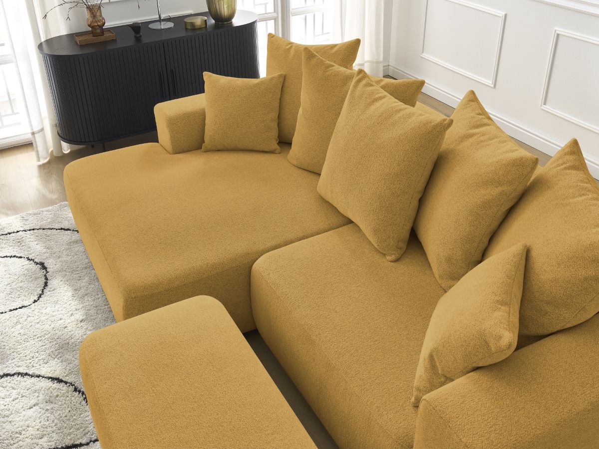 Canapé d'angle convertible coffre ATILLA tissu chiné avec pouf