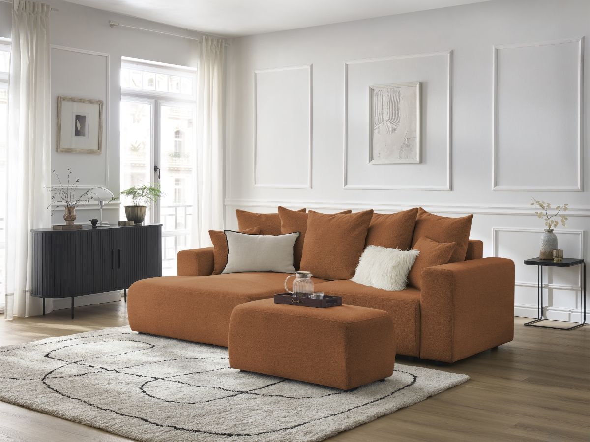 Canapé d'angle convertible coffre ATILLA tissu chiné avec pouf