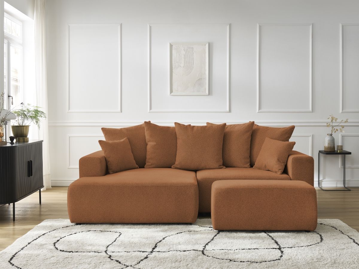 Canapé d'angle convertible coffre ATILLA tissu chiné avec pouf