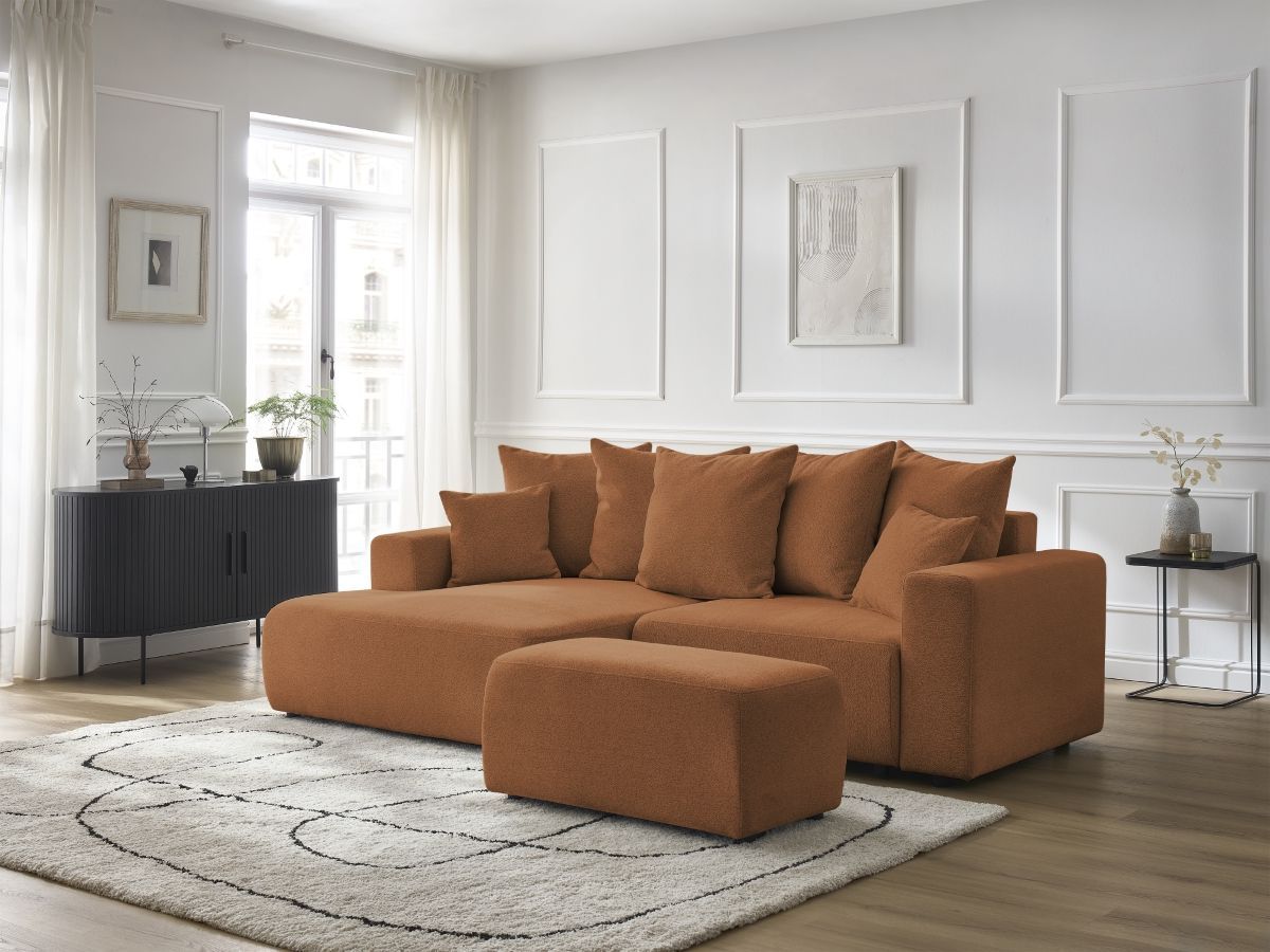 Canapé d'angle convertible coffre ATILLA tissu chiné avec pouf orange angle gauche BOBOCHIC 5 places - Vue supplémentaire 3