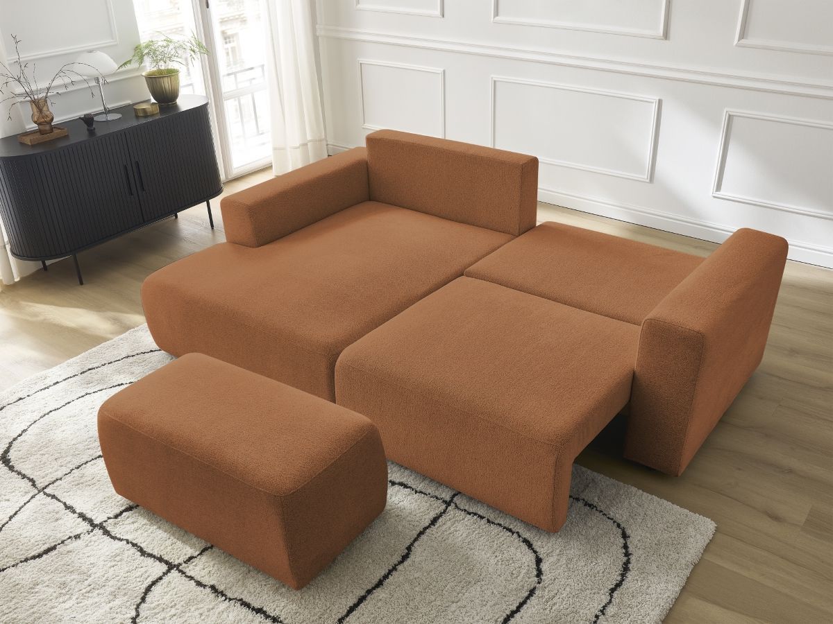 Canapé d'angle convertible coffre ATILLA tissu chiné avec pouf