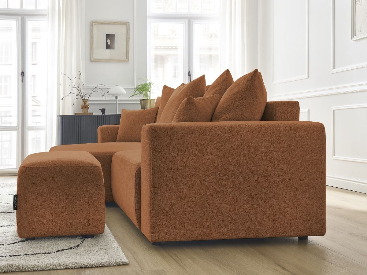 Canapé d'angle convertible coffre ATILLA tissu chiné avec pouf