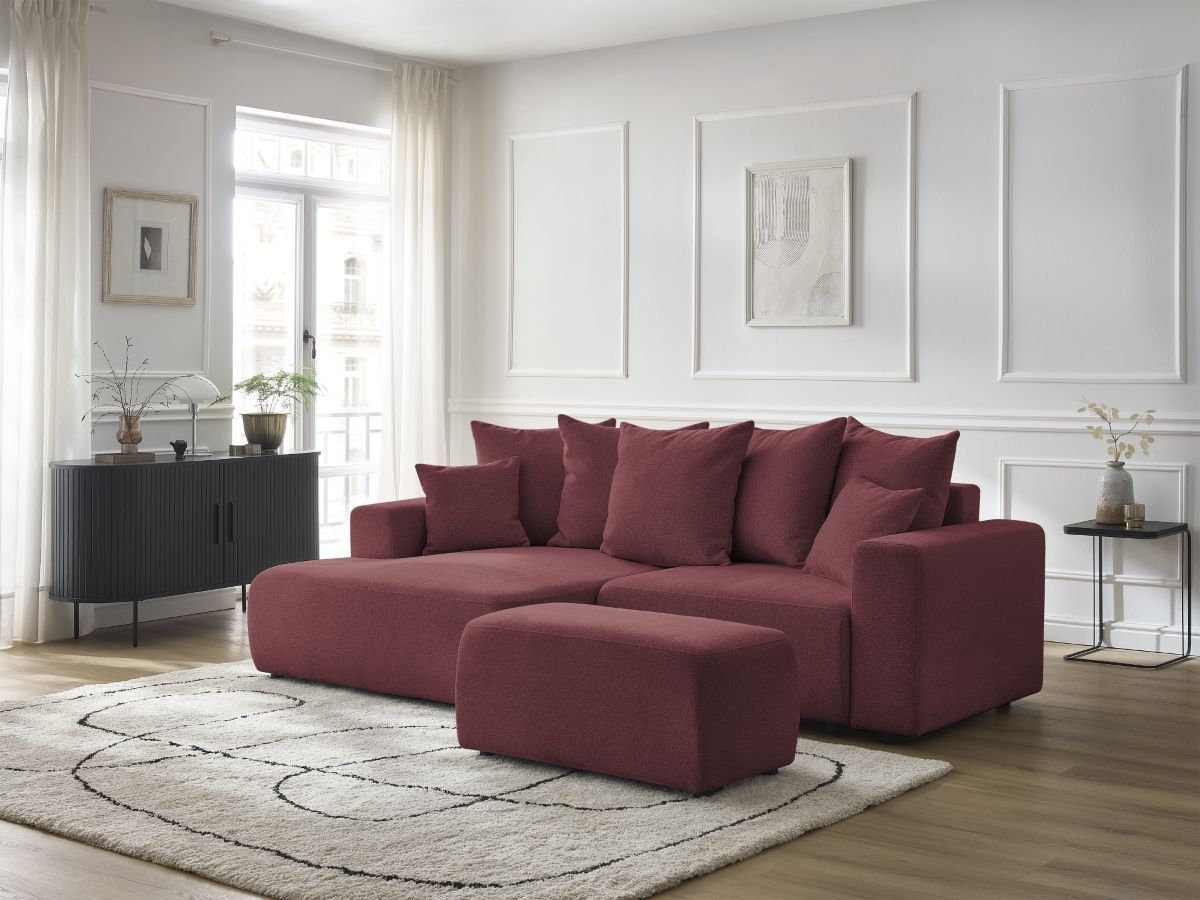 Canapé d'angle convertible coffre ATILLA tissu chiné avec pouf rouge angle gauche BOBOCHIC 5 places - Vue supplémentaire 3