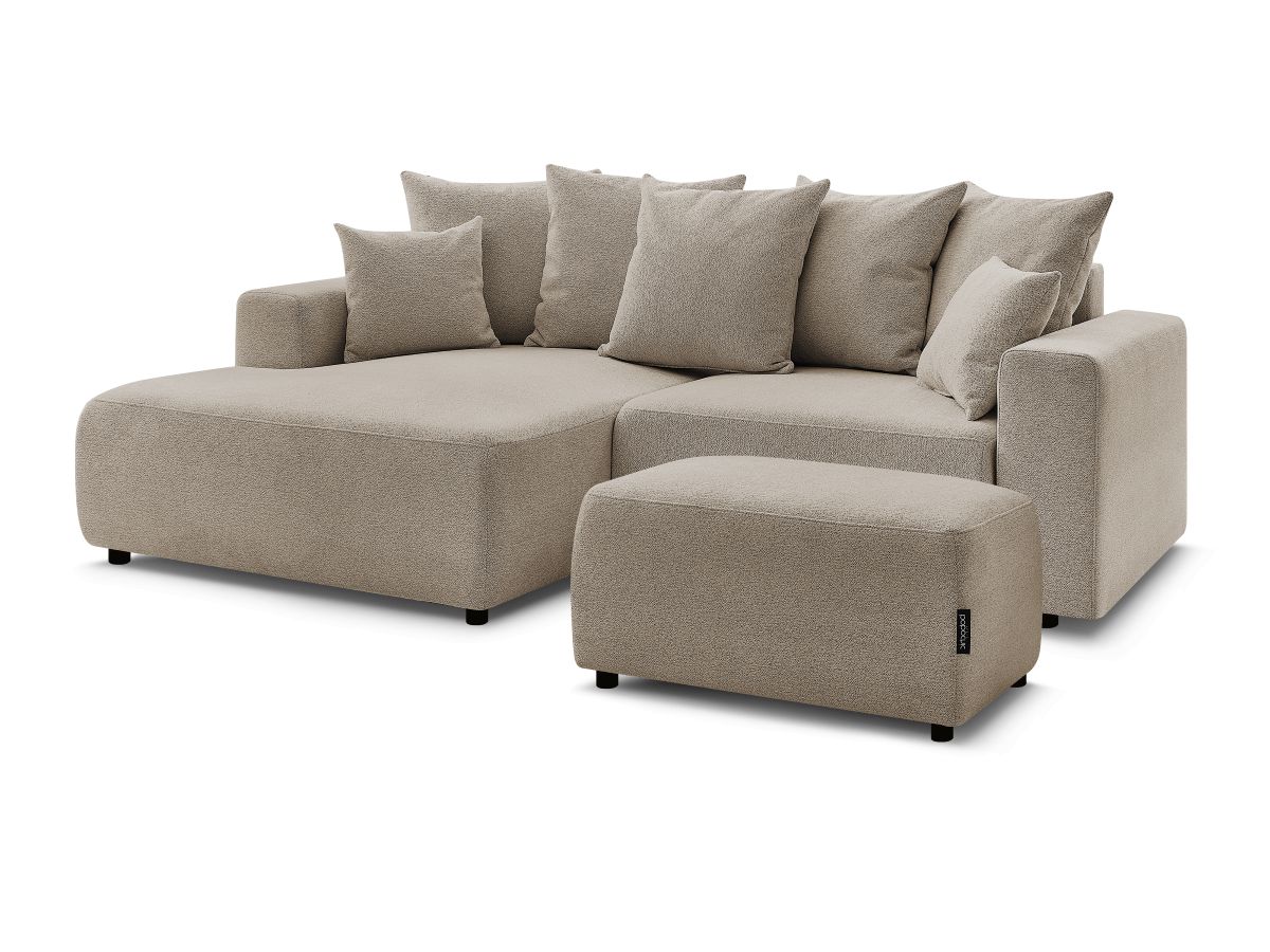 Canapé d'angle convertible coffre ATILLA tissu chiné avec pouf