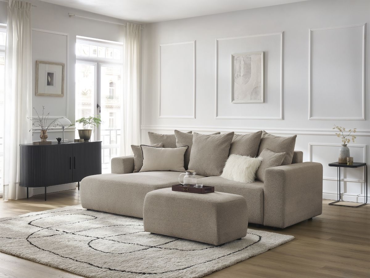 Canapé d'angle convertible coffre ATILLA tissu chiné avec pouf