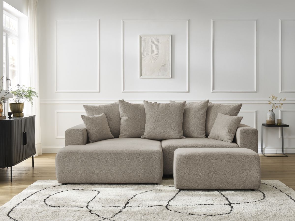 Canapé d'angle convertible coffre ATILLA tissu chiné avec pouf
