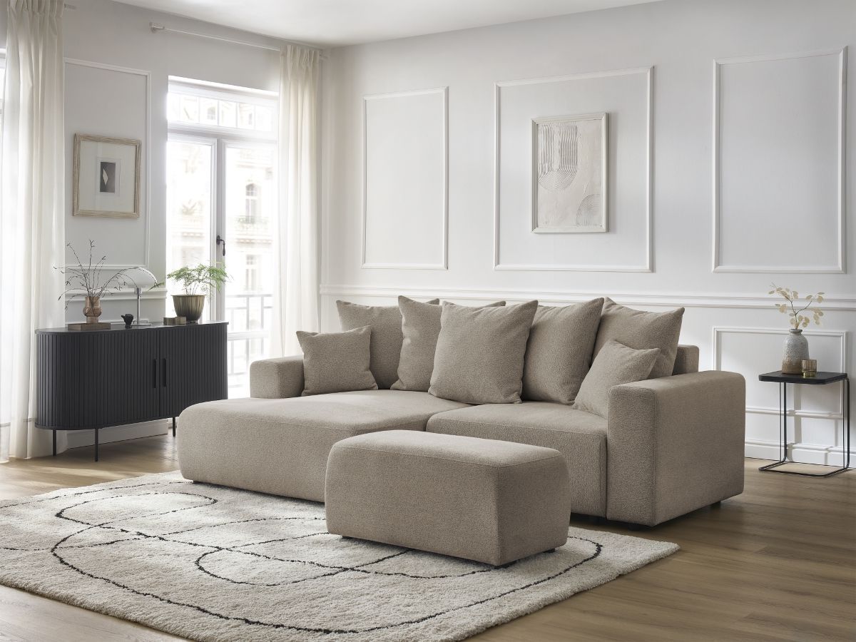 Canapé d'angle convertible coffre ATILLA tissu chiné avec pouf taupe angle gauche BOBOCHIC 5 places - Vue supplémentaire 3