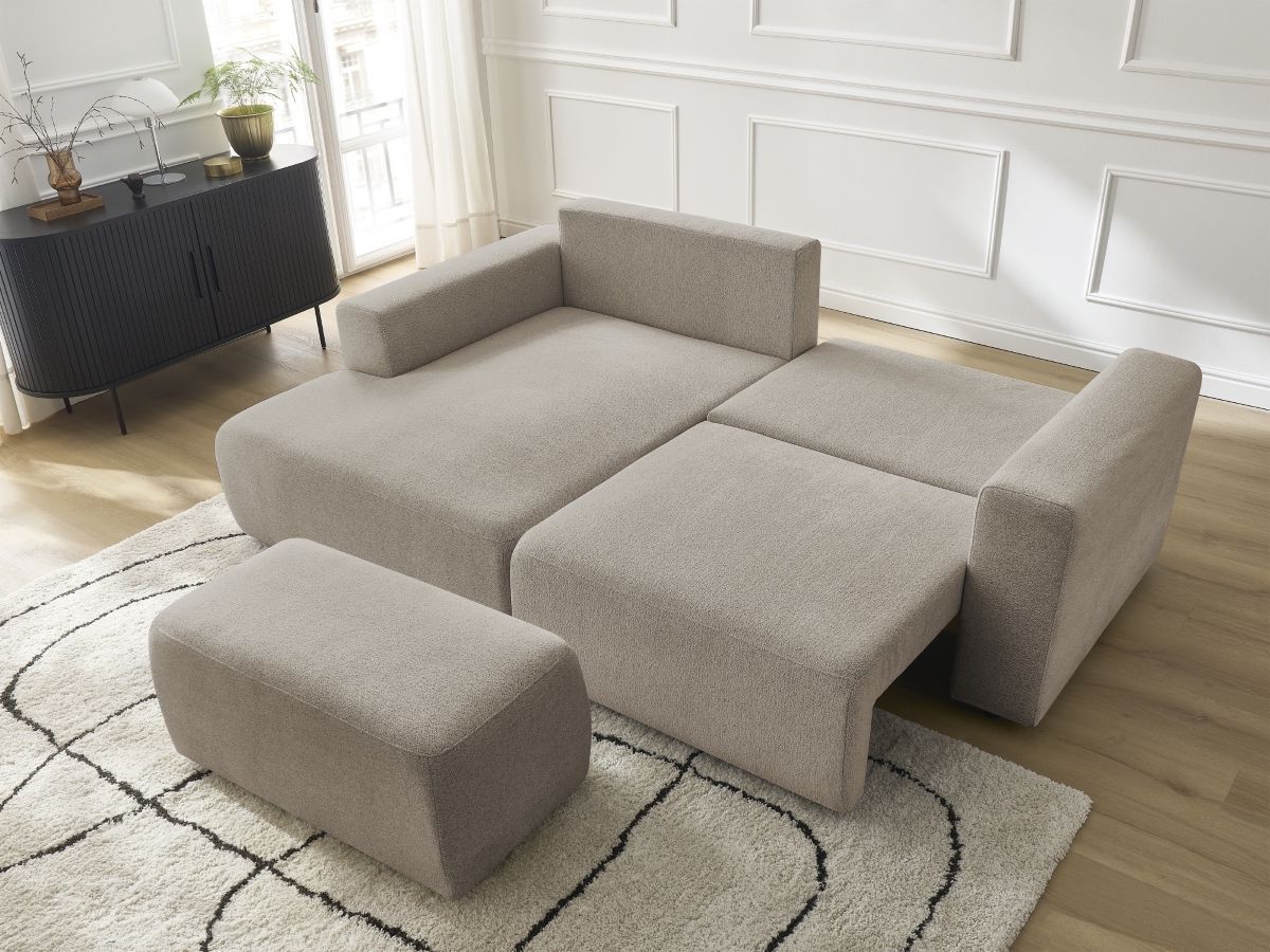 Canapé d'angle convertible coffre ATILLA tissu chiné avec pouf