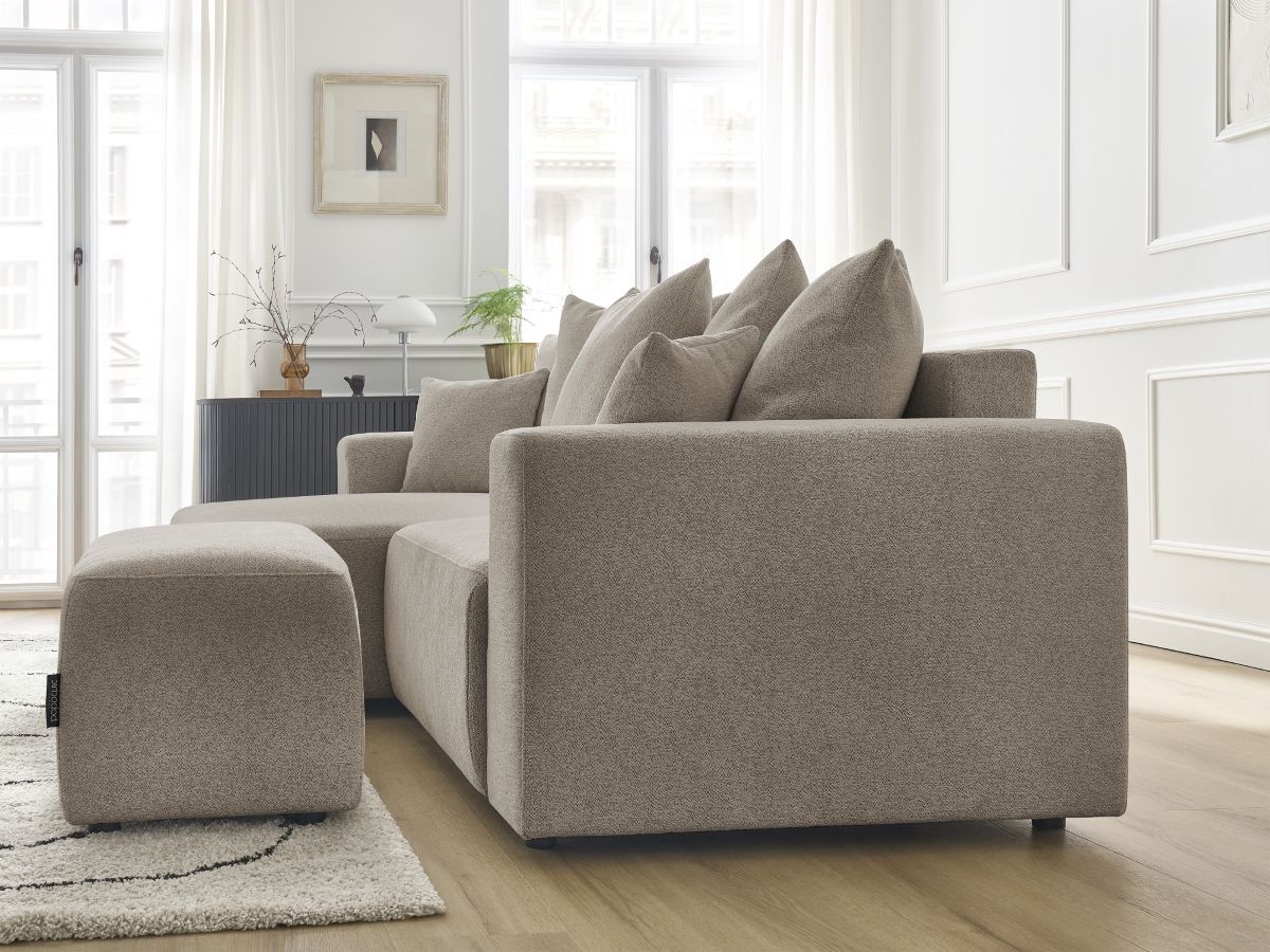 Canapé d'angle convertible coffre ATILLA tissu chiné avec pouf
