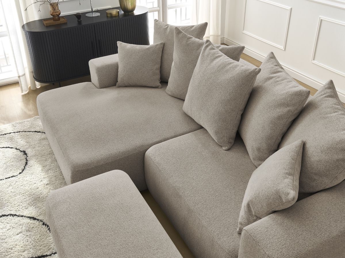 Canapé d'angle convertible coffre ATILLA tissu chiné avec pouf