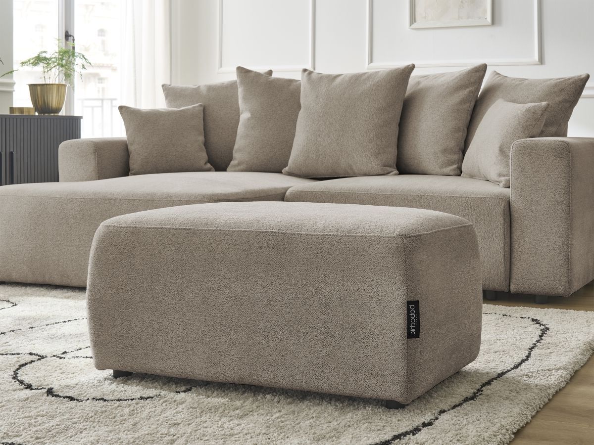 Canapé d'angle convertible coffre ATILLA tissu chiné avec pouf
