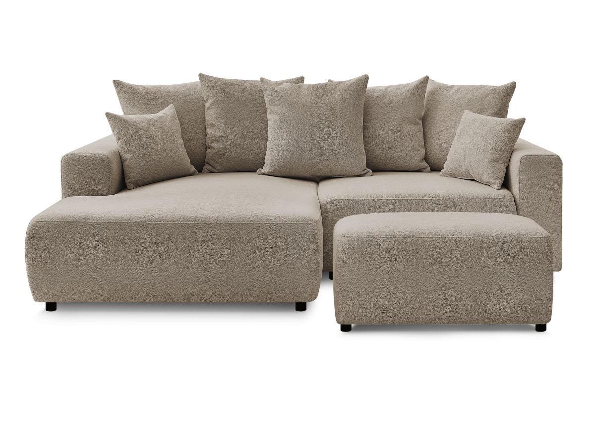 Canapé d'angle convertible coffre ATILLA tissu chiné avec pouf