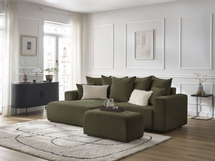 Canapé d'angle convertible coffre ATILLA tissu chiné avec pouf