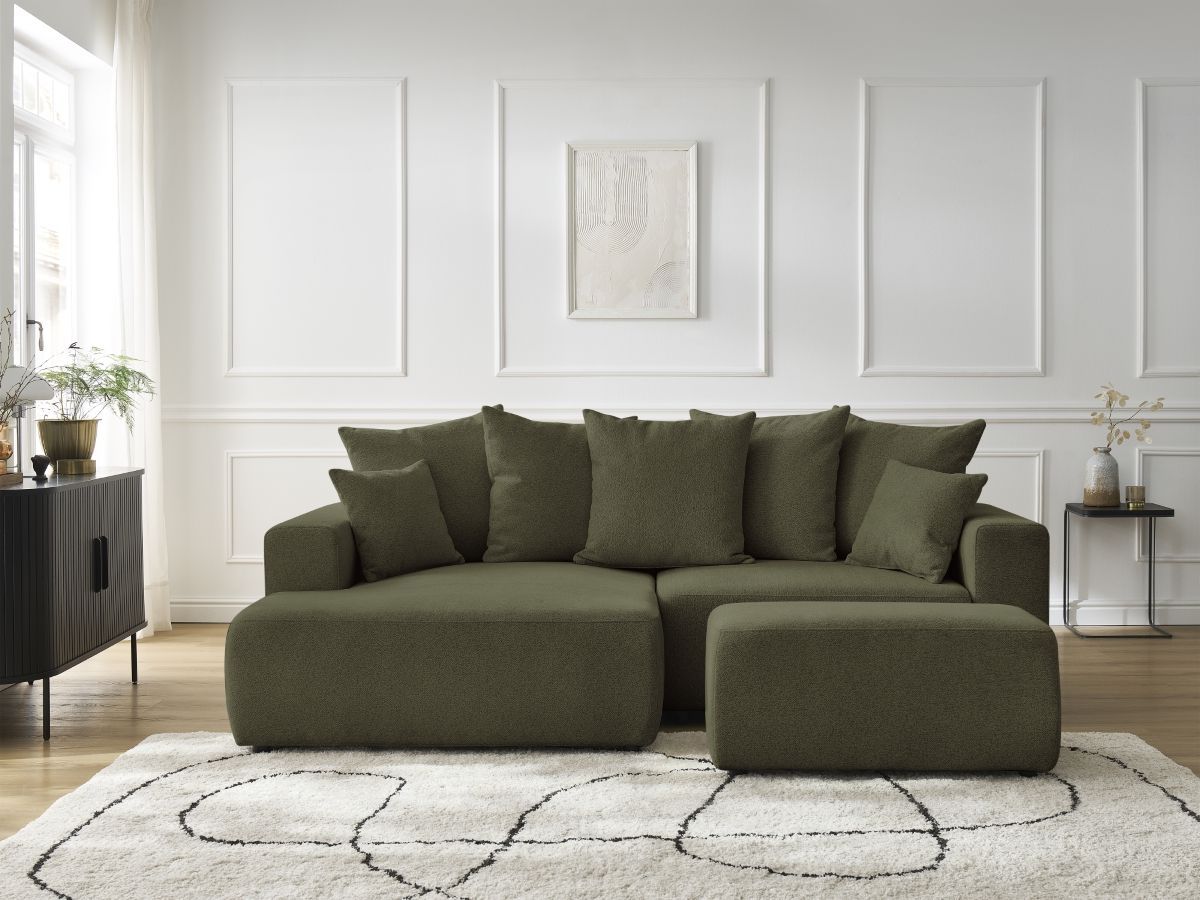 Canapé d'angle convertible coffre ATILLA tissu chiné avec pouf