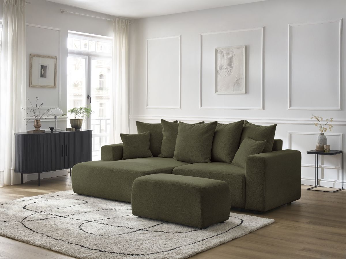 Canapé d'angle convertible coffre ATILLA tissu chiné avec pouf vert angle gauche BOBOCHIC 5 places - Vue supplémentaire 3